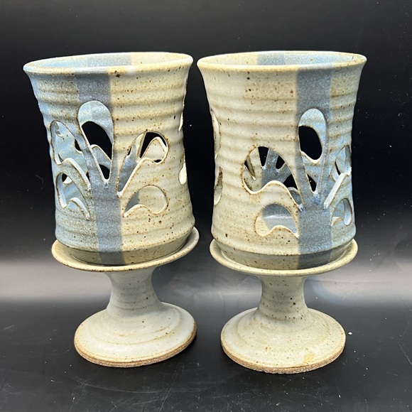 2 MCM Studio Art Pottery Candle Holder Cut Out Pedestal Blue Set Of 2 signed - Picture 1 of 11